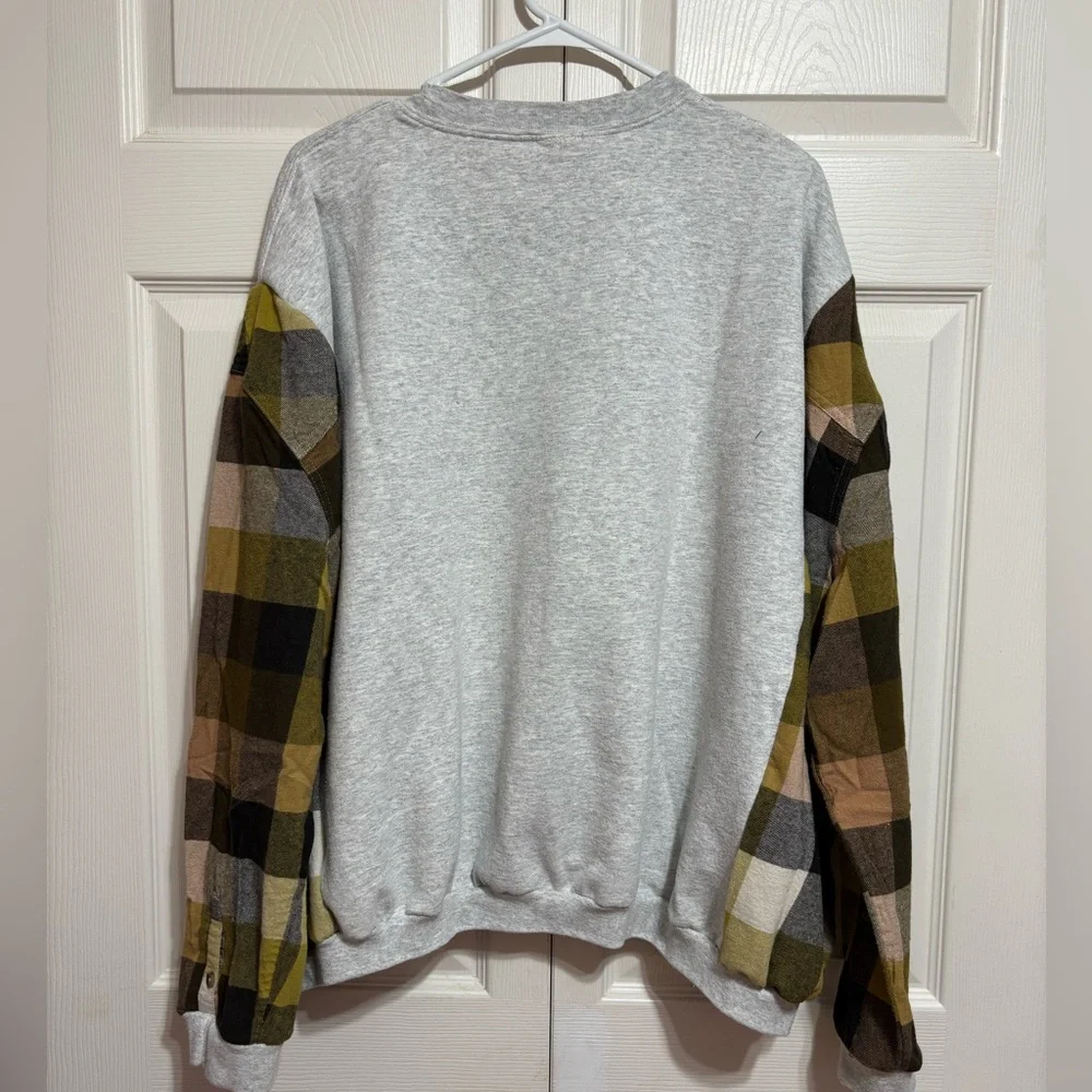 Upcycled Horse Crewneck Sweatshirt with Plaid Sleeves - Picture 6 of 6